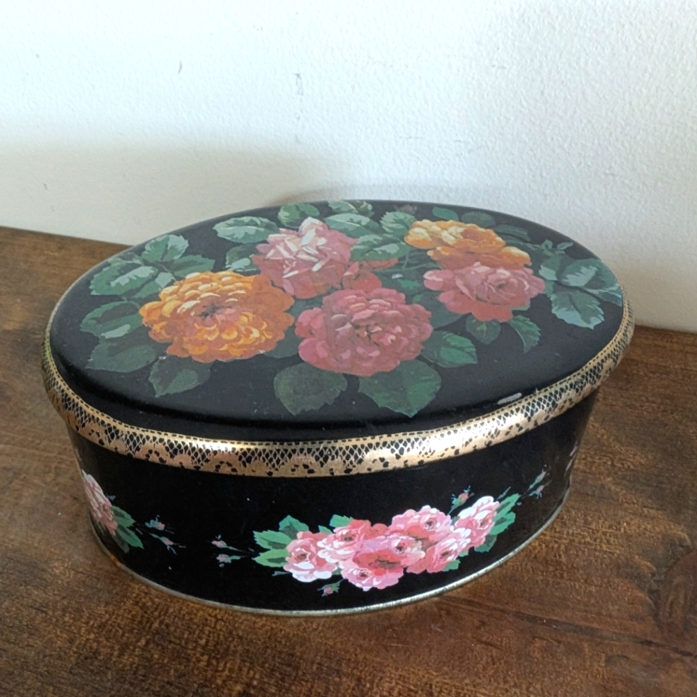 Vintage Floral Black Gold Decorative Metal Tin Box Oval Rose Litho Pink Flowers
